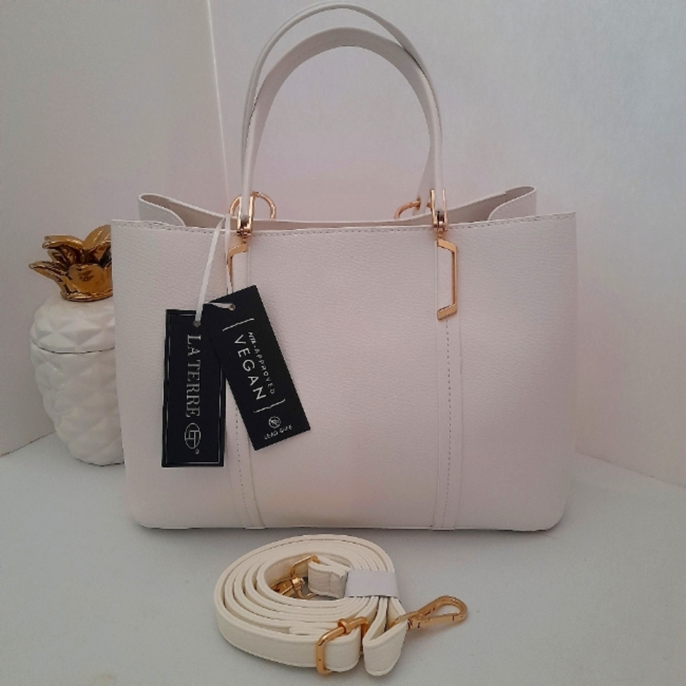 La Terre Women's Vegan White Handbag Satchel Top Handle NWT